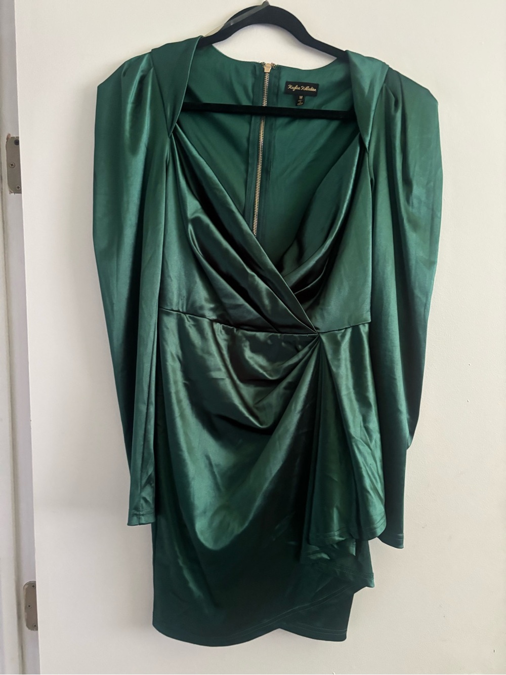 Kaylee Kollection Deep Green Satin Draped Wrap Dress